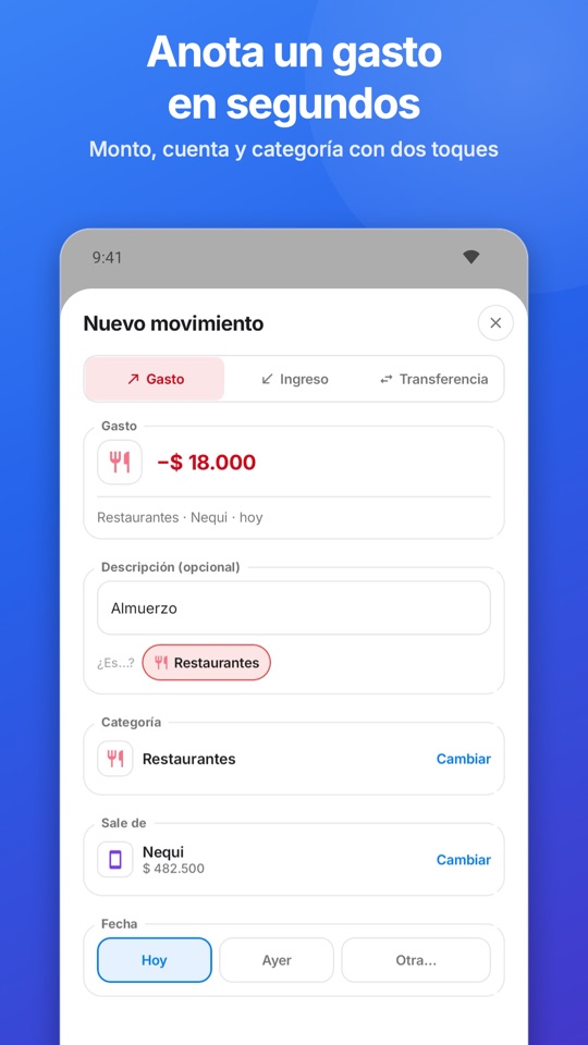 Anota un gasto en segundos: monto, cuenta y categoría con dos toques